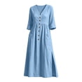 thumbnail image 4 of CHGBMOK Cotton Linen Dresses for Women Fall 3/4 Sleeve V Neck Fitted Waist Dress Side Slit Midi Dress with Pockets, 4 of 5