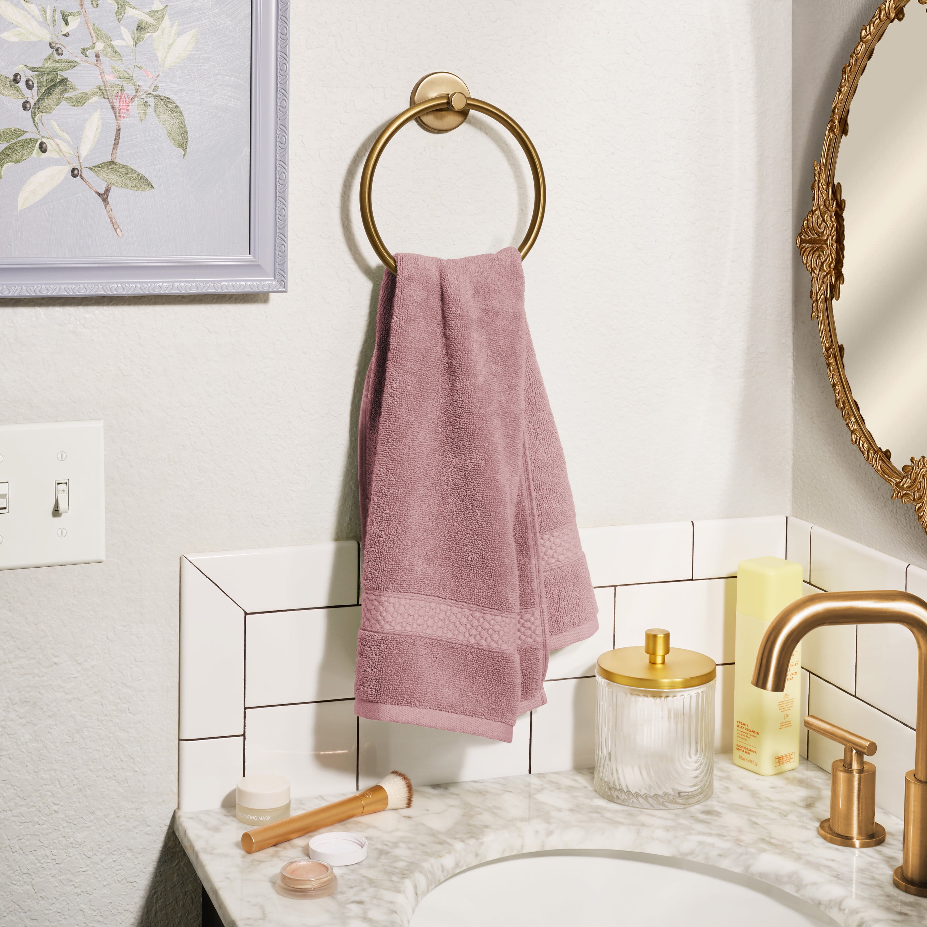 (2 pack) Beautiful by Drew Barrymore Dobby Hand Towel, Rose Pink, 100% Cotton