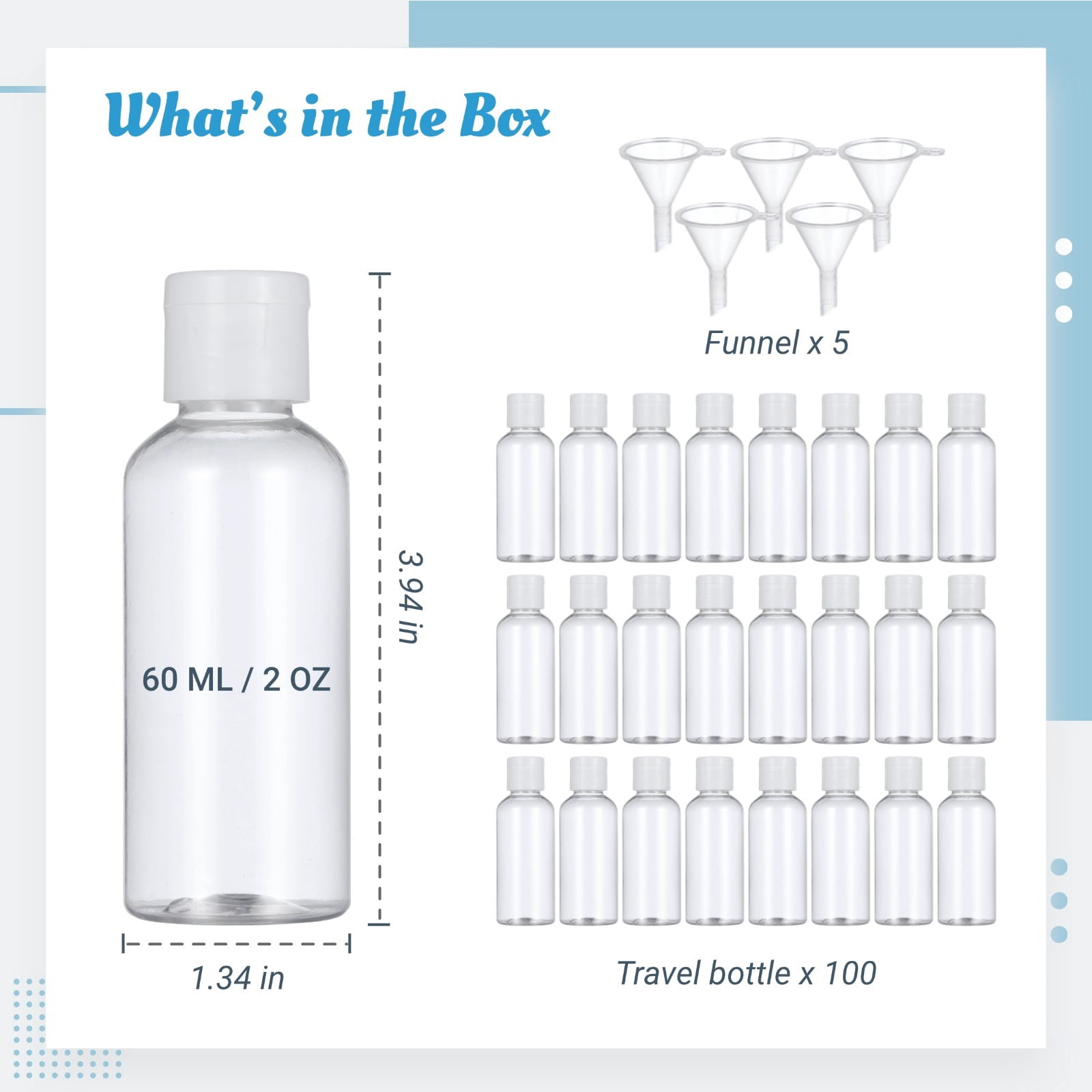 100 PCS Travel Bottles, 2 OZ / 60ML Plastic Bottles with Lids, Travel Size Cover Cap Plastic Bottles Refillable Dispensing Bottles with 5 Funnels Liquid Lotion for Travel Business