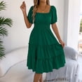 thumbnail image 4 of Hduncf Women's Fashion Casual Summer Square Neck Smocked Waist Puff Sleeve Ruffle Hem Solid Color Long Style Tiered Midi Dress Green L, 4 of 5