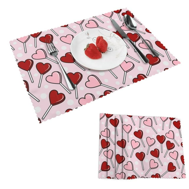 DouZhe Ensemble de 4 Sets de Table en Polyester, Motif Cœurs Sucettes Rouges et Roses, Résistants à la Chaleur pour Table à Manger, 12 Pouces x 18 Pouces