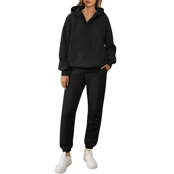 zfwon Womens 2 Piece Outfits Sweatsuit Set Women's Oversized Long Sleeve Henley Neck Hoodie Sweatshirts & Jogger with Pocket Matching Sets Solid Colour Casual Athletic Loungewear