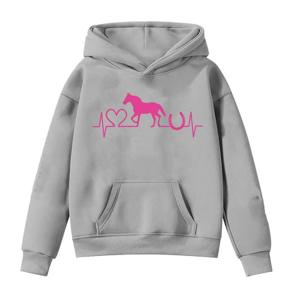 Zylarhe Boys Girls Sweatshirts Themed Girls Long Sleeve Hooded Sweatshirt with Horse Print Design for Casual Comfort and Play 12-13 Years Grey
