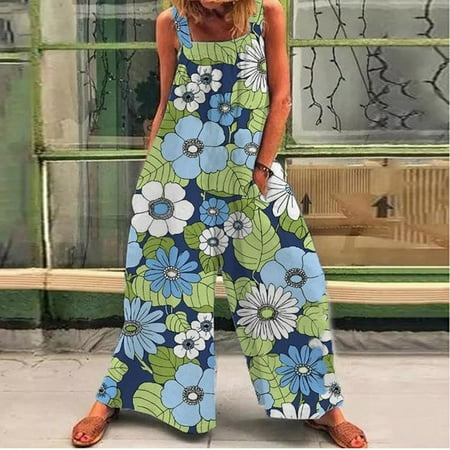 

Hesxuno Jumpsuits For Women Summer New Style Trendy Novelty Floral Printed Rompers Cute Cold Shoulder Suspender Pants Bodysuits Teen Girls Casual Jumpsuit With Pocket