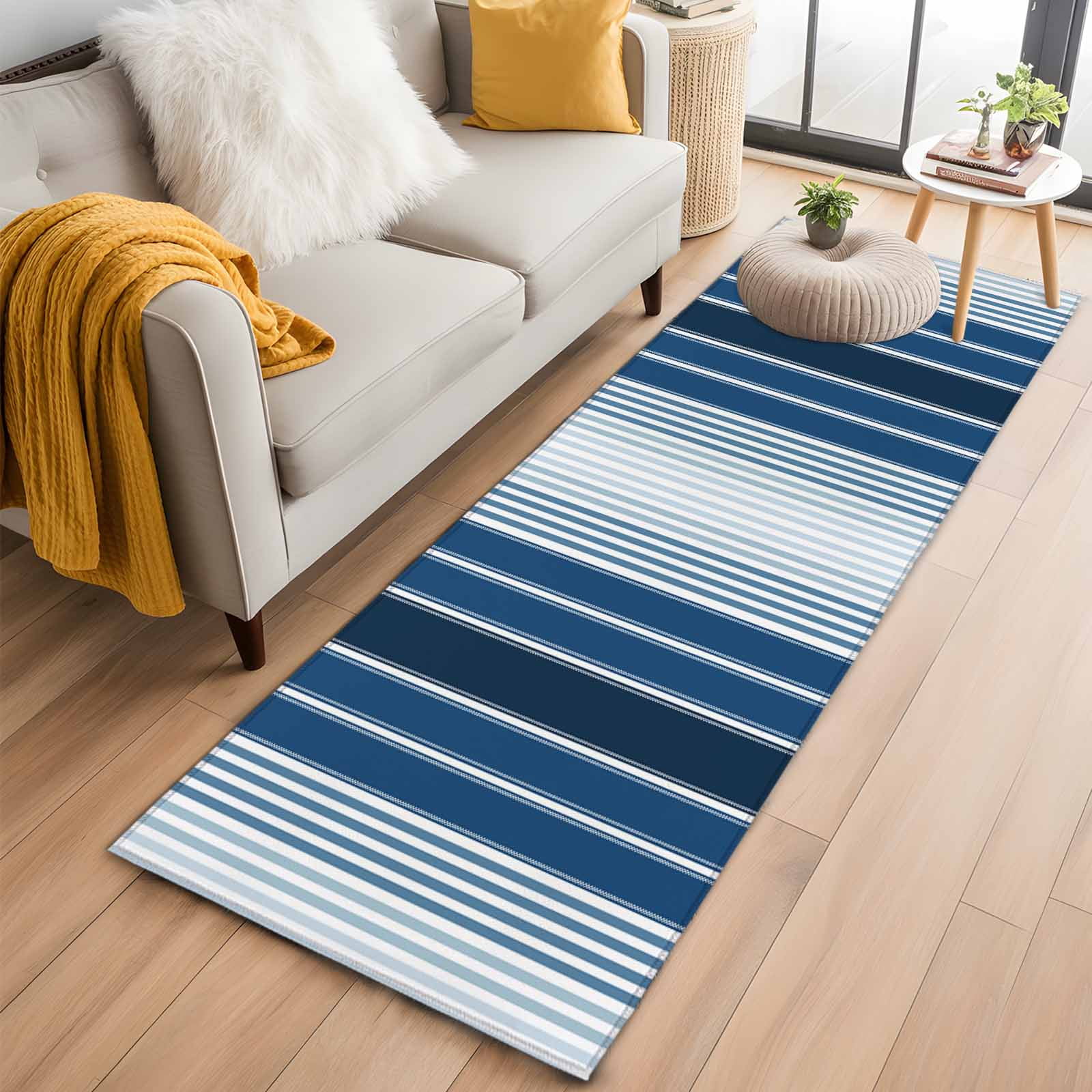 Navy Blue Stripe Area Rugs 2x6 for Kitchen Runner Rug, Modern Blue Ombre Vertical Striped Non Slip Washable Rug Runner, Low Pile Indoor Floor Carpet Mat Bathroom Rugs for Bedroom, Kids Room