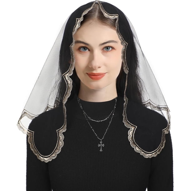 Lace Triangle Veil with Sacred Heart Camellia Embroidery for Church Wedding Triangle Mantilla Veil: Sacred Heart Embroidery, Camellias  main image 4