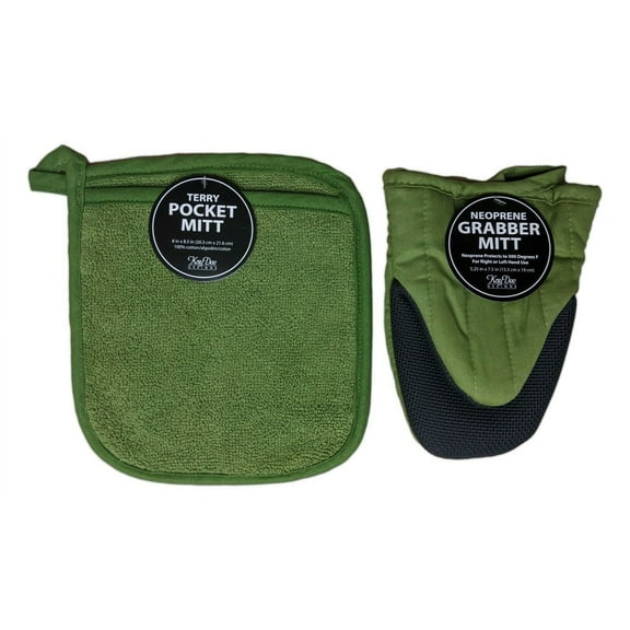 MEADOW Green Pocket Potholder Mitt & Oven Grabber Mitt Set, by Kay Dee