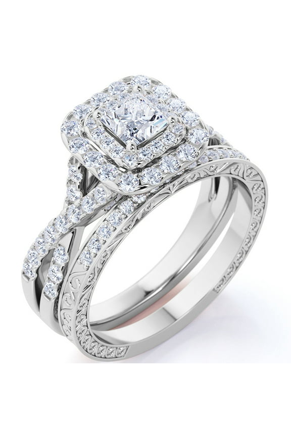 1.25 Carat Square Moissanite Engagement Ring for Women, Double Halo Bridal Wedding Ring Set with Twisted Band in 18K White Gold Plated
