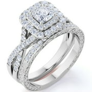 JeenMata 1.25 Carat Square Moissanite Engagement Ring for Women, Double Halo Bridal Wedding Ring Set with Twisted Band in 18K White Gold Plated