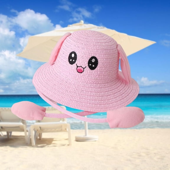 Bunny Straw Hat Caps Fisherman Caps Sun Protection Comfortable Lightweight Sun Hat Big Eaves Hat for Vocations Outdoor Short Trips Teens Pink
