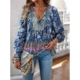 thumbnail image 6 of Women'S Casual Boho V Neck Top Loose Floral Printed Long Sleeve Beach Shirts Blouses Navy Blue XL, 6 of 8