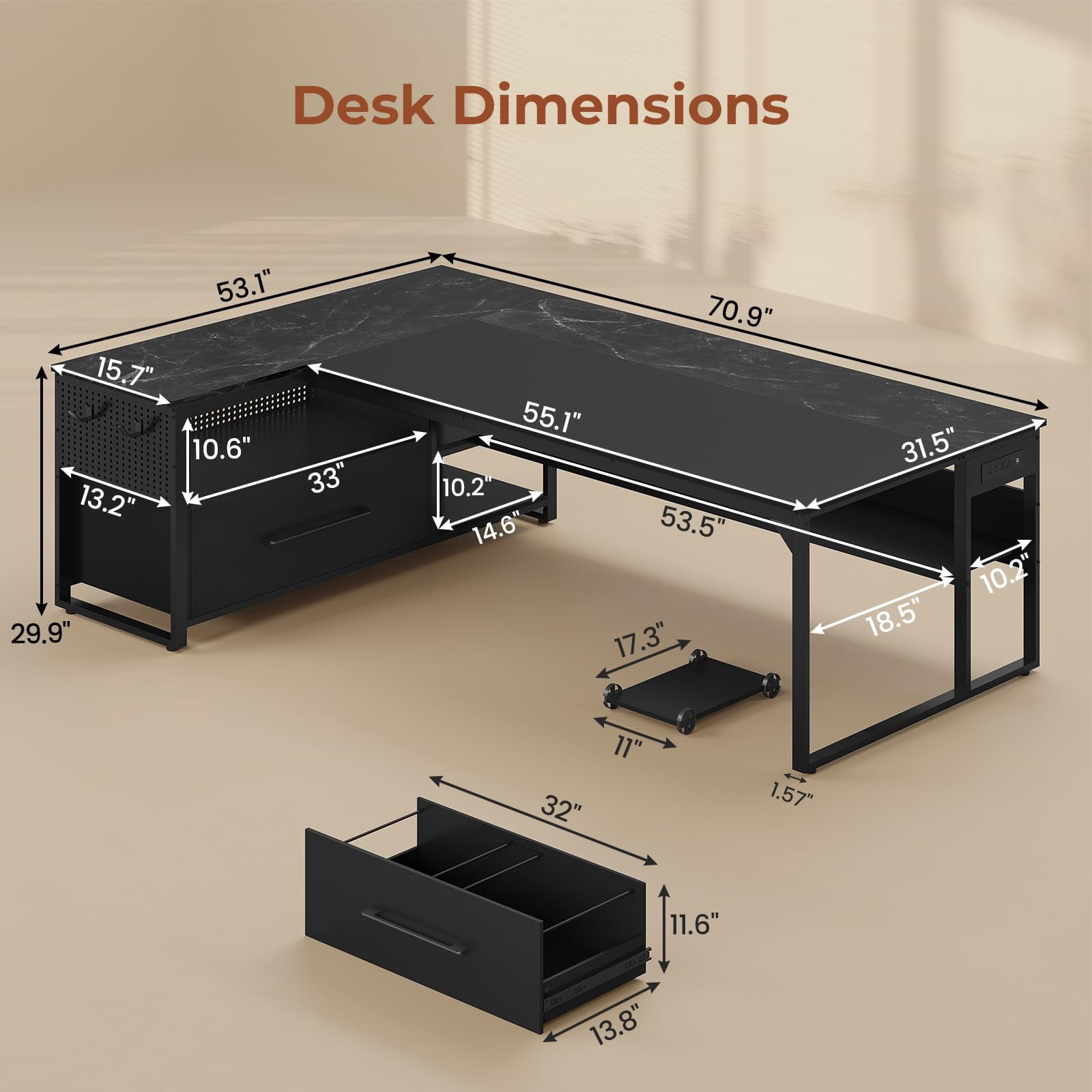 71" L Shaped Executive Desk, Reversible Home Office Desk with Widen File Drawers & Power Outlets, Computer Desk Corner Desk with Open Shelves, CPU Stand, Hooks (Black)