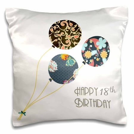 3dRose Happy 18th Birthday - Modern stylish floral Balloons. Elegant black brown blue 18 year old Bday - Pillow Case, 16 by (Best Pillow For 4 Year Old)
