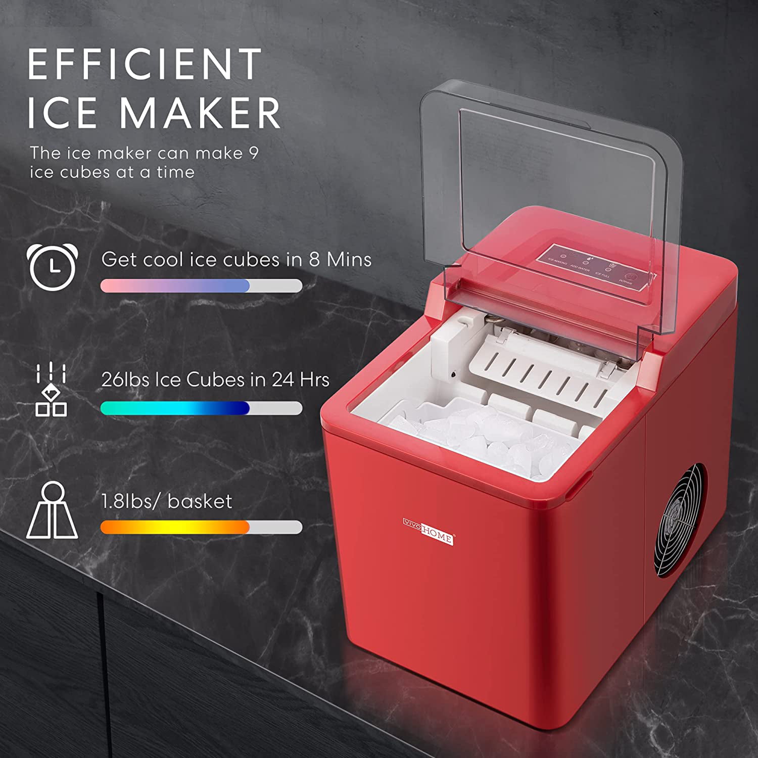 VIVOHOME Electric Portable Compact Countertop Automatic Ice Cube Maker Machine 26lbs/day Red