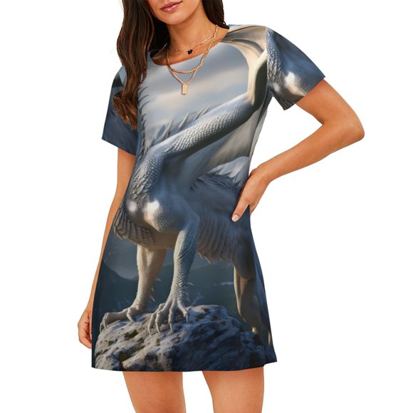 Bixox Mountain White Dragon Pattern Women's Nightgown, Soft & Breathable Sleepwear, Round Neck Knee-Length Pajama Dress,Loungewear for Home & Sleep