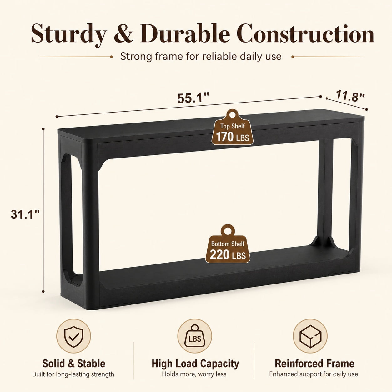 Aukfa 55.1" Wood Console Table, Narrow Sofa Table with 2-Tier Open Shelf for Entryway Hallway Living Room,Black
