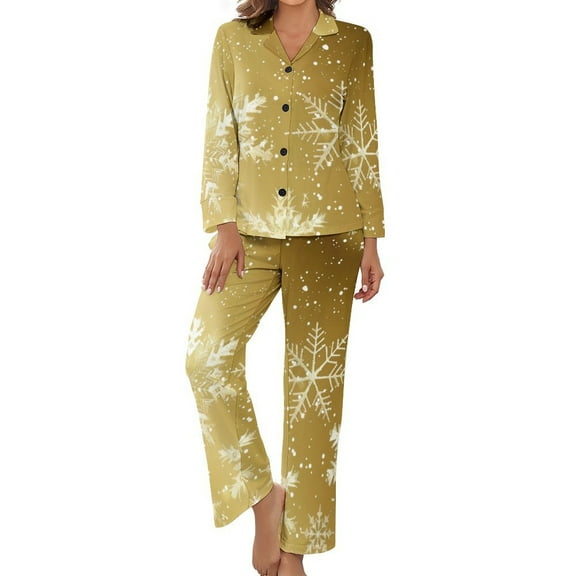 PoBuds Women's Long Sleeve Flannel Pajama Set Sleepwear Elegant Gold Christmas Snowflake S