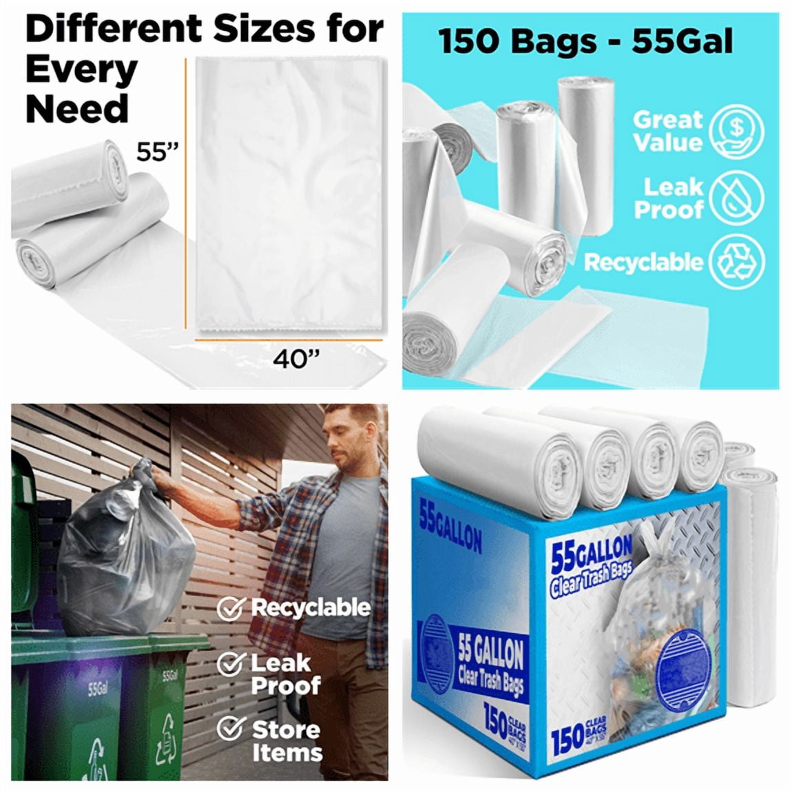 55 Gallon Clear Trash Bags Heavy Duty (150 COUNT) – Large Clear Trash Bags 55-60 Gallon Heavy Duty, Lawn and Leaf Trash Can Liners