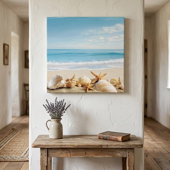 Ships Next Day Canvas Wall Art 16"x16", Beach Coastal Wood Framed Canvas Print Painting, Summer Seaside Shell Starfish Nautical Ready to Hang Picture Wall Decor for Home Bedroom Kitchen Office