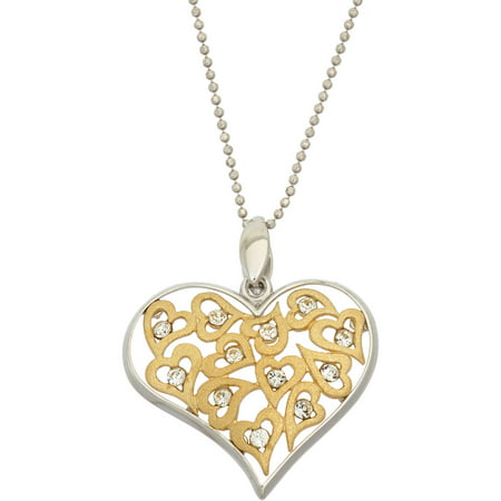 Giuliano Mameli White Swarovski Crystal Accent 14kt Gold-Plated Sterling Silver Matte-Finished Heart White Polished Frame Pendant with Chain