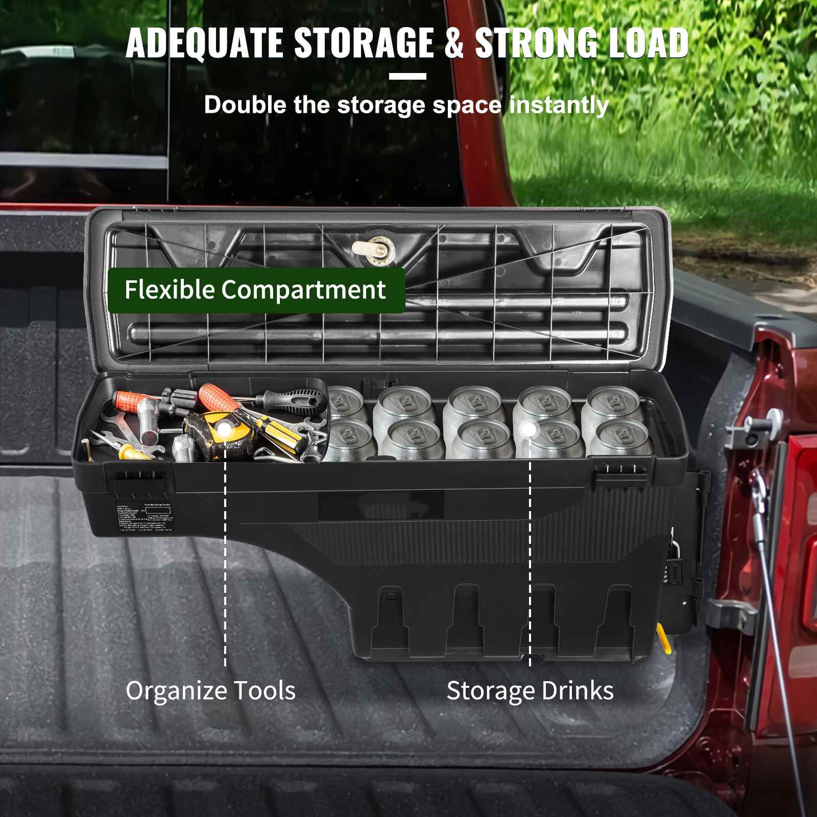 VEVOR Truck Bed Storage Box, Lockable Lid, Waterproof ABS Wheel Well Tool Box 6.6 Gal/20 L with Password Padlock, Compatible with Dodge Ram 1500 2019-2021, Passenger Side, Black