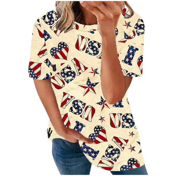 Blusa informal de manga corta con estampado del Día de la Independencia para mujer Fridja hjk5746