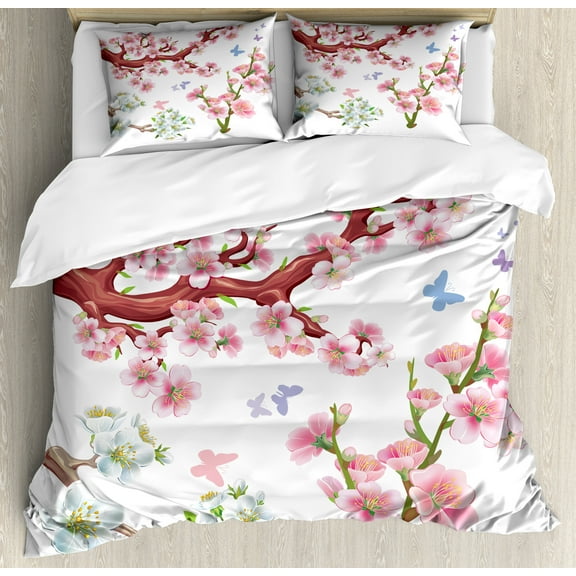 Floral Duvet Cover Set, Composition Flowering Branches Colorful Spring Garden Theme Seasonal Art Print, Decorative 3 Piece Bedding Set with 2 Pillow Shams, Calking Size, Pink Brown Green, by Ambesonne