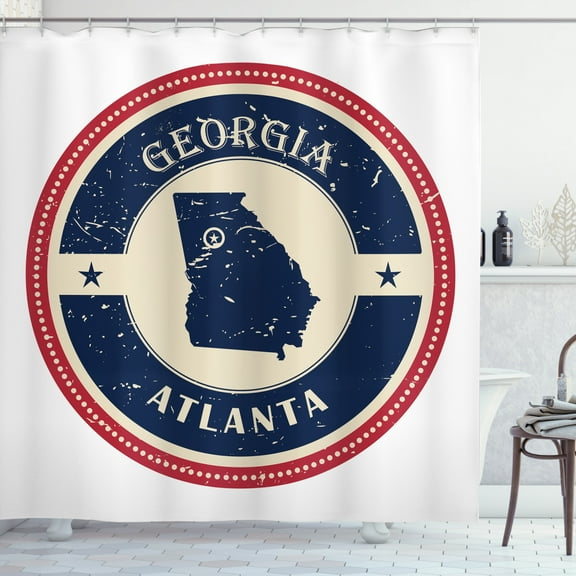 Georgia Shower Curtain, Stamp Pattern of State in a Grungy Concept with Polka Dots, Fabric Bathroom Set with Hooks, 69W X 70L Inches, Dark Violet Blue Dark Pink Eggshell, by Ambesonne