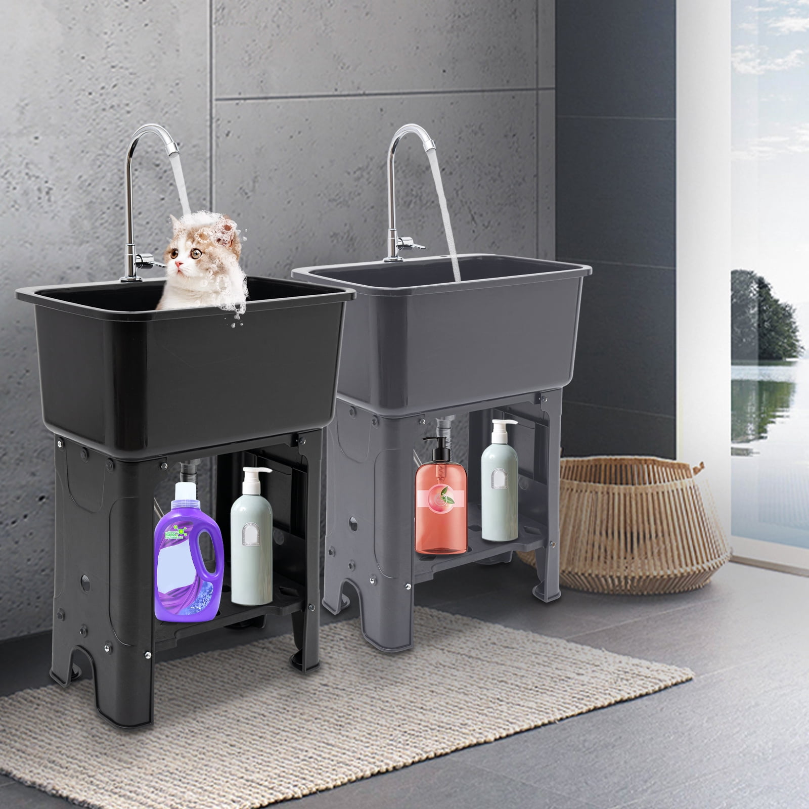 ToppiJoy Freestanding Utility Sink with 360° Rotating Faucet, Modern Black Design, Large Capacity for Laundry, Pets & Commercial Use