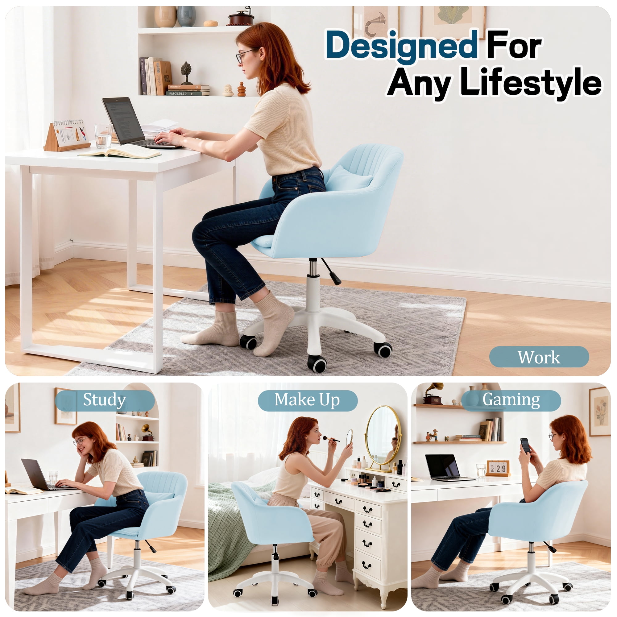 Korser Adjustable High Vanity Chair with Pillow Velvet Swivel Desk Chair with Wheels,Space-Saving Makeup Computer Chair,Home Office Desk Chair,Blue