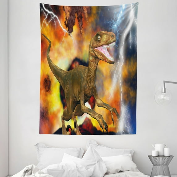 Dinosaur Tapestry, Dramatic Catastrophe Destruction Background with Allosaurus Fragilis Illustration, Wall Hanging for Bedroom Living Room Dorm Decor, 60W X 80L Inches, Multicolor, by Ambesonne
