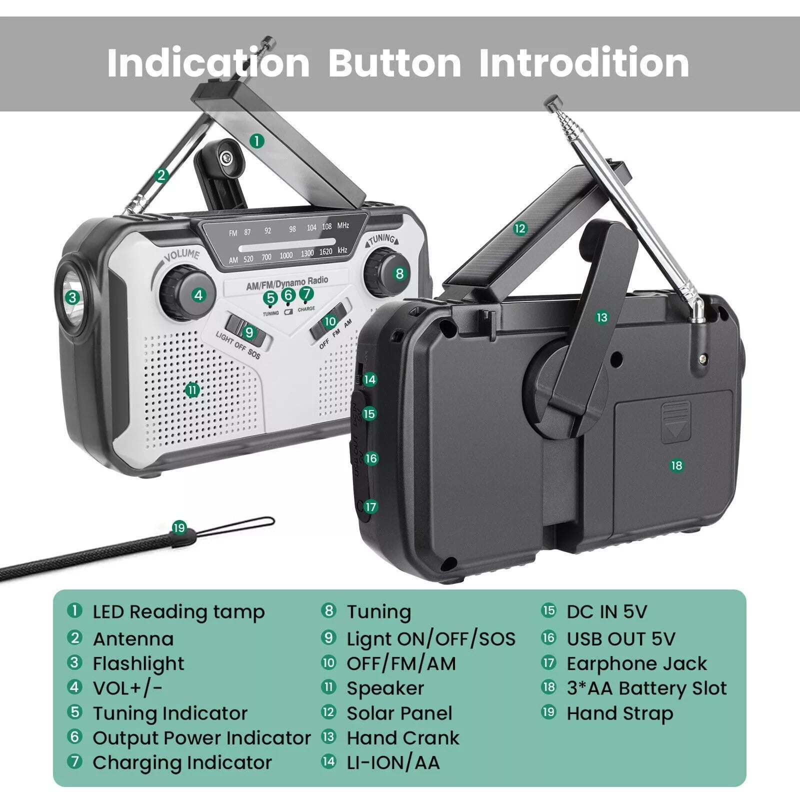 Costyle Emergency Weather Radio, Solar Hand Crank Emergency Radio with AM/FM/WB Weather Alert, Flashlight, Reading Lamp, Cell Phone Charger and SOS Alarm