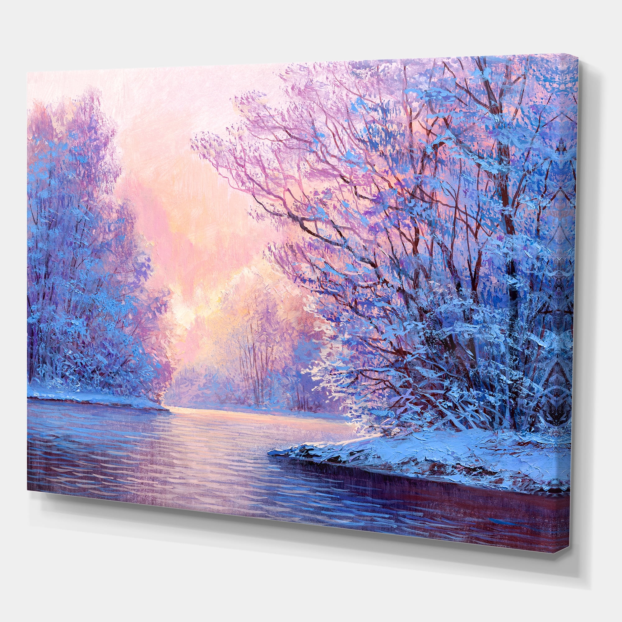 Designart ' The River Original With Winter Landscape ' Lake House Canvas Wall Art Print