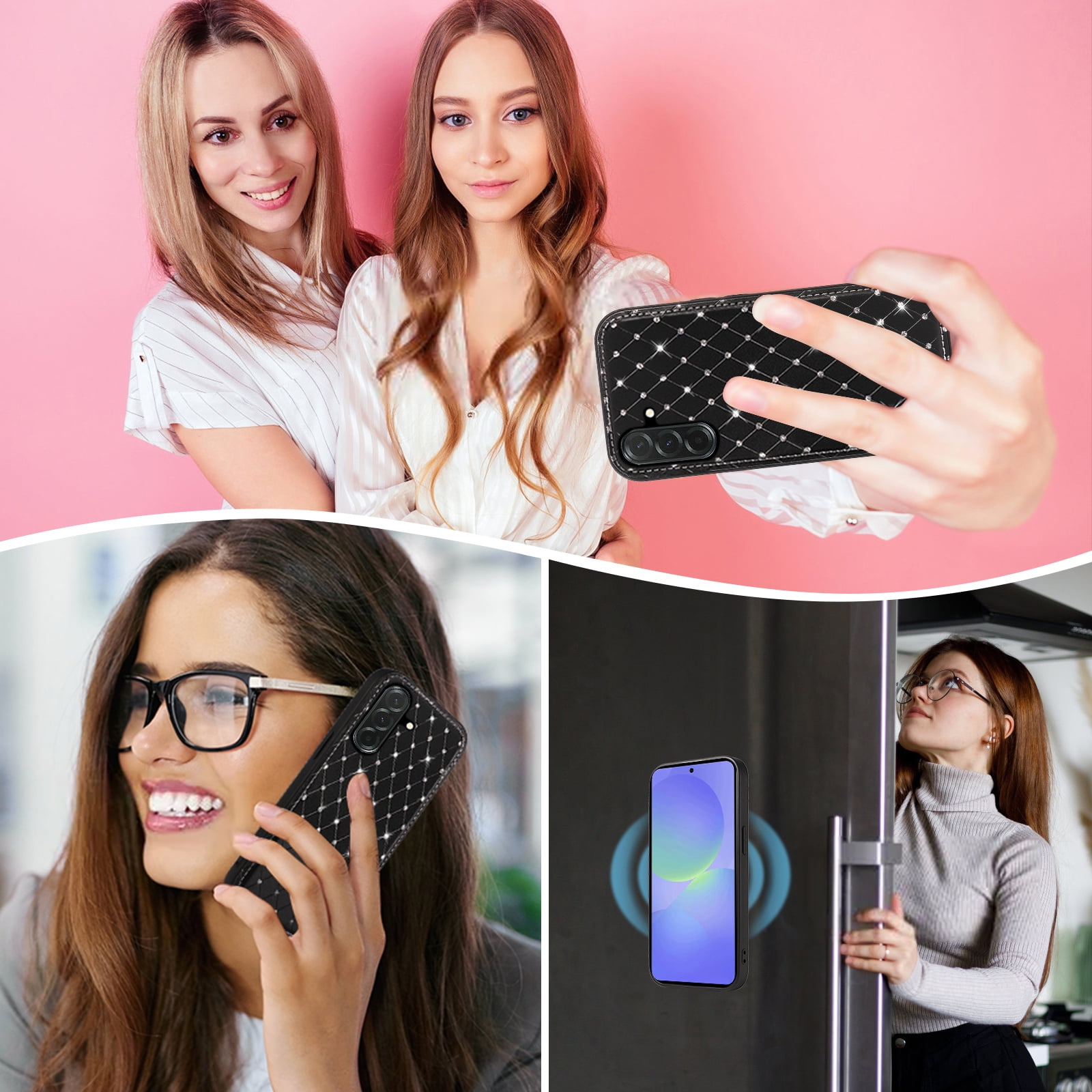 Asuwish Phone Case for Samsung Galaxy A16 5G/4G Zipper Wallet Detachable Cell Cover with Tempered Glass Screen Protector Crossbody Lanyard Strap Bling Glitter Flip Card Holder Slot SM-A 16 16A Black