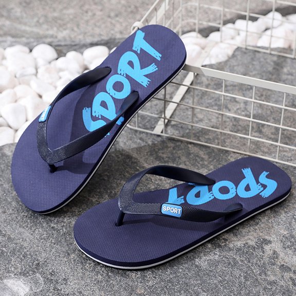 XIMIN Flip Flops for College,Men's Flip Flops Big LOGO Non-Marking No-Slip Outsole Trendy Summer Waterproof Outdoor Fashion Beach Sandals No Arch (9, Blue)