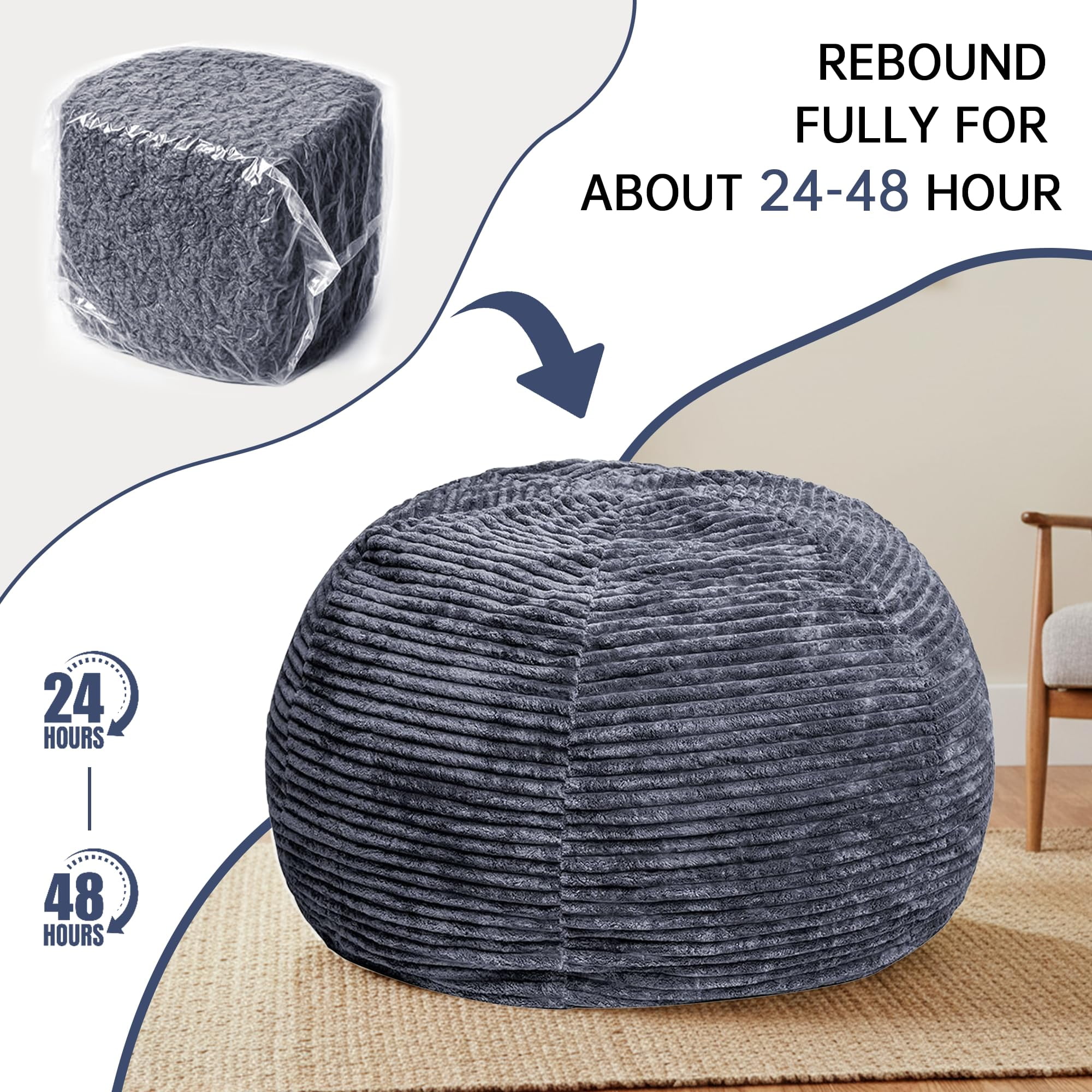 Baxluxe 60-Inch Adult Bean Bag Chair, Comfortable Oversized Chair with Memory Foam Filling, Ultra-Soft Lounge Bean Bag Sofa for Living Room or Bedroom