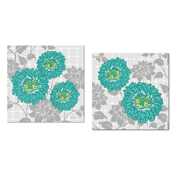 2 Beautiful Teal Dahlia Floral Set on a Gray Flower Background; Two 12X12 Poster Prints
