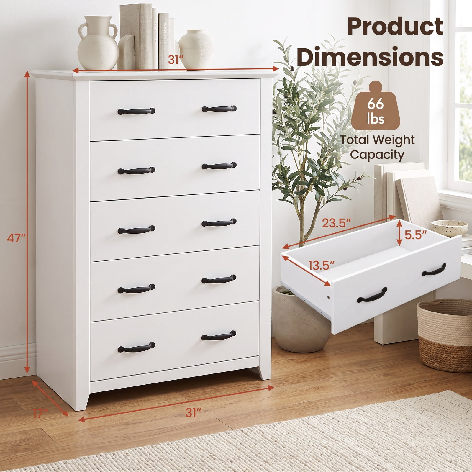 Furnibear Tall Storage Dresser with 5 Pull-out Drawers for Bedroom Living Room for Bedroom Closet Living Room Nursery Clothes Storage, White