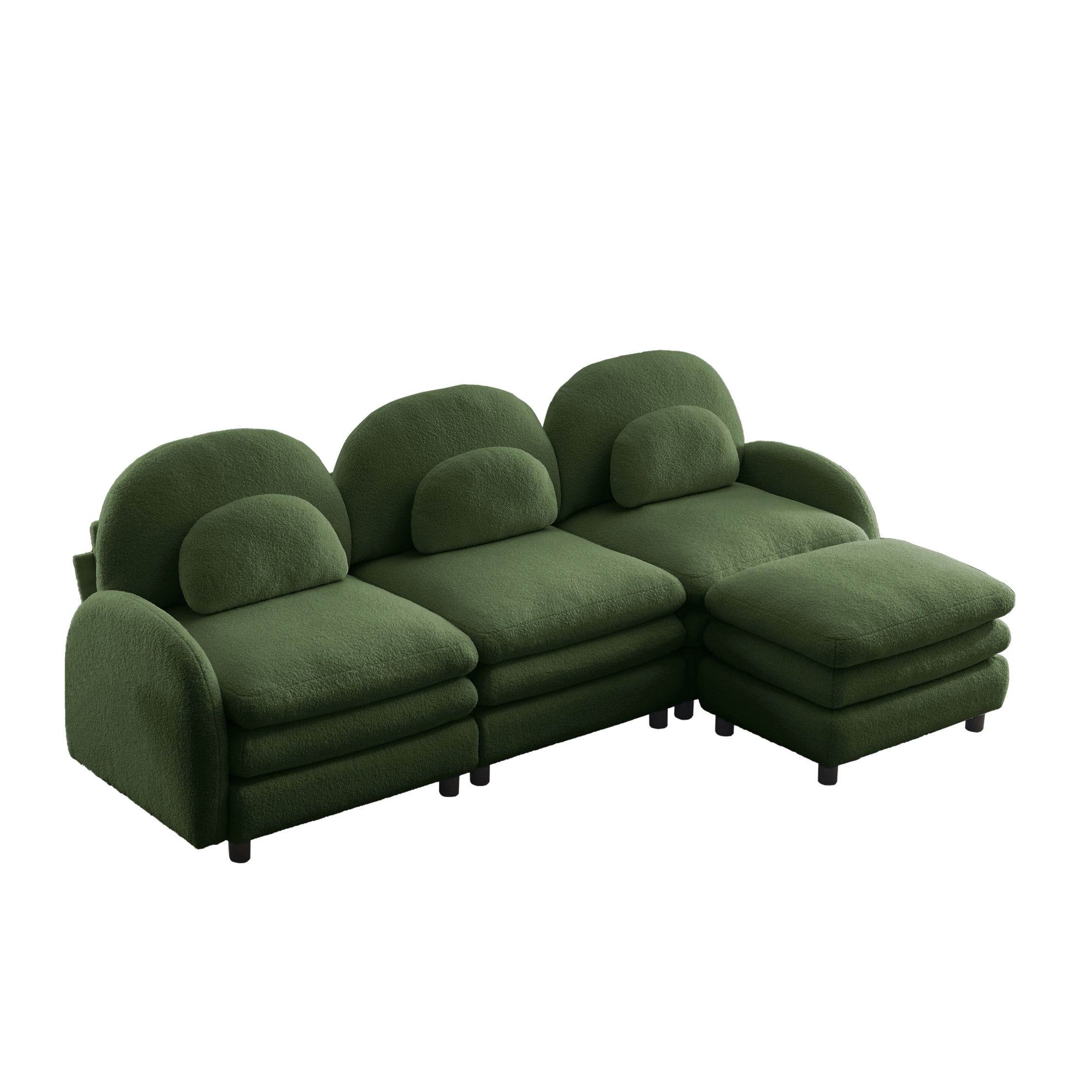 Noble House Windsor Teddy Fabric 3-Seater Sectional Sofa, Modular Cloud Couch with Ottoman and Lumbar Pillows, Green