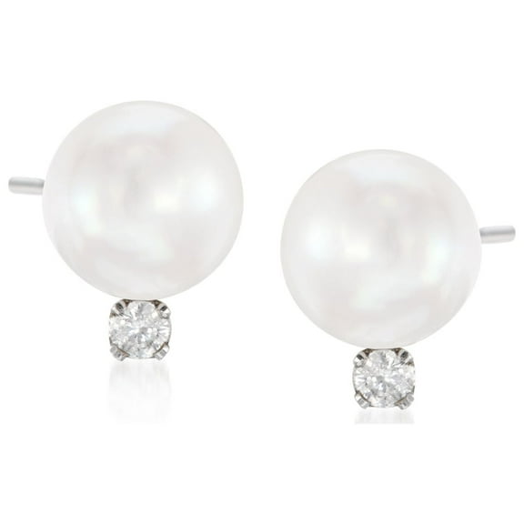 Ross-Simons 7-7.5mm Cultured Akoya Pearl and .10 ct. t.w. Diamond Earrings in 14kt White Gold, Women's, Adult