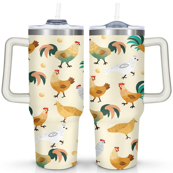 Yellow Rooster and Hen 40 Oz Tumbler with Handle Lid and Straw, Stainless Steel Double Walled Vacuum Insulated Cup, Cute Anniversary Wedding Birthday Gifts Tumbler for Women Men Friends Outdoor Indoor