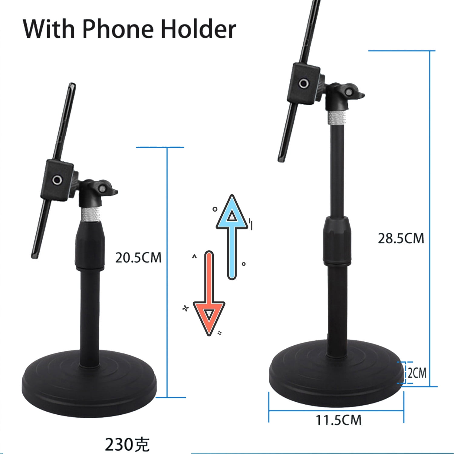 Adjustable Phone Stand for Desk, Height & Angle Adjustable Cell Phone Holder with Heavy Base, 360° Rotating Desktop Stand for Video Recording, FaceTime, TikTok, Zoom, Compatible with iPhone & Android