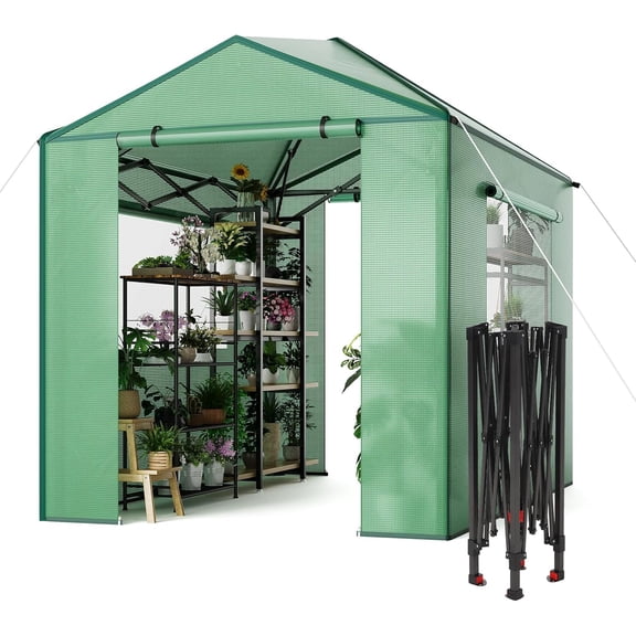 8x12FT Greenhouse for Outdoors with Mesh Side Windows, Portable Walk-in Greenhouse, Pop-Up Indoor Outdoor Garden Green House, Zippered Doors and Windows, PE Cover