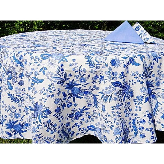 Le Cluny, Versailles Blue and White French Provence 100 Percent Coated Cotton Tablecloth, 70 Inches Round