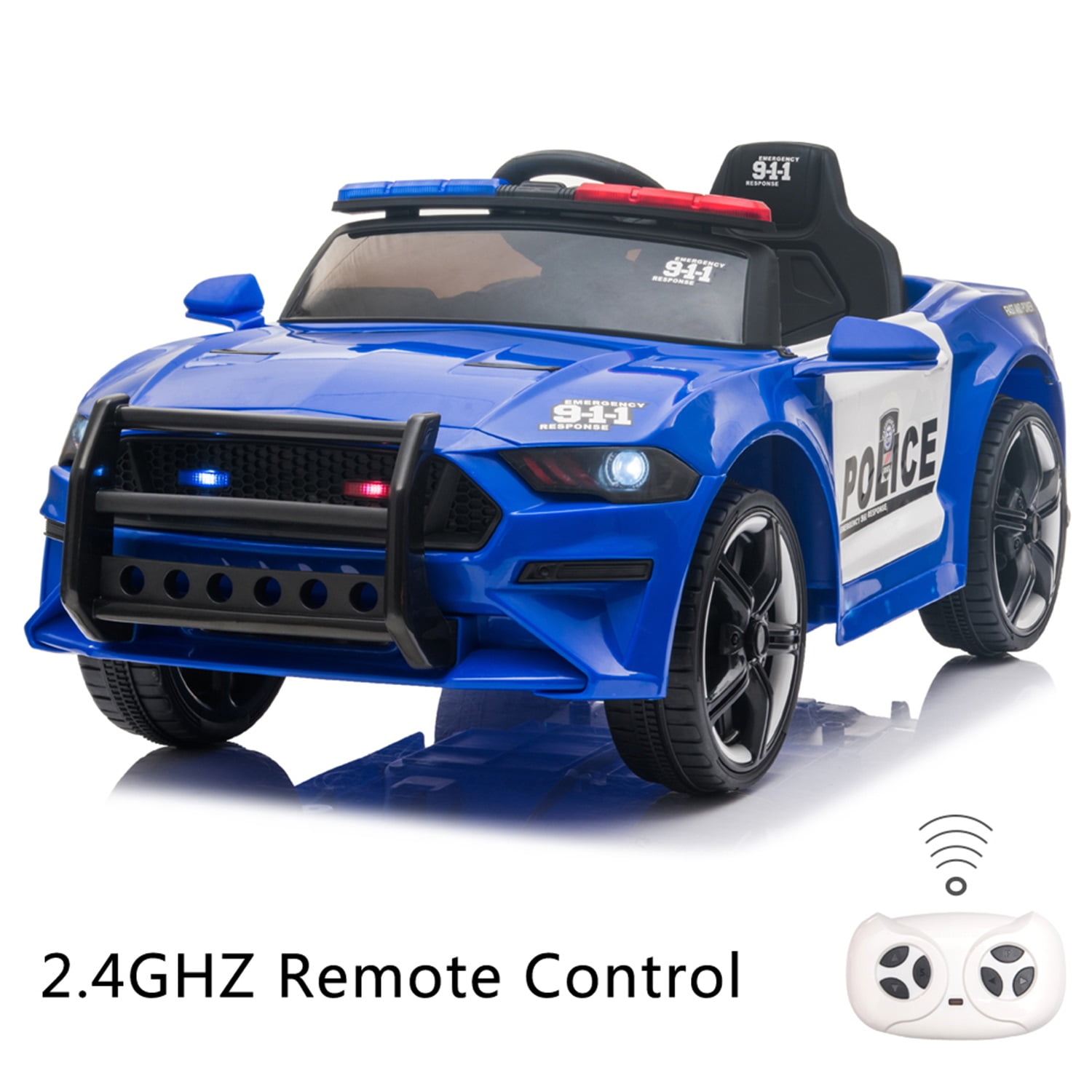 CIPACHO 12V Kids Ride On Car, Police Sports Car with 2.4GHZ Remote Control, LED Lights, Siren, Microphone, Blue