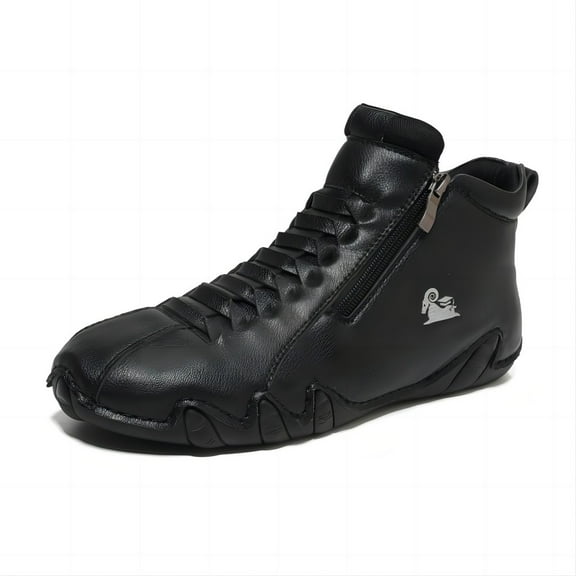 Men's Casual Loafers Leather Hand-stitched Lightweight Non-Slip Breathable Hiking Outdoor Soft Flat Boots Mid-Top Shoes Black 10 US