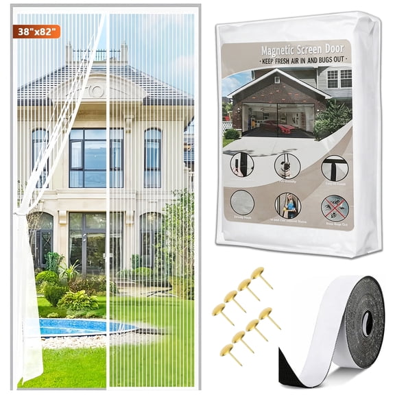AuraLane Magnetic Screen Door Fit Door 38"x82",Heavy Duty Hands Free Mesh Curtain Keeps Bugs Out for Pet and Kid Friendly,White