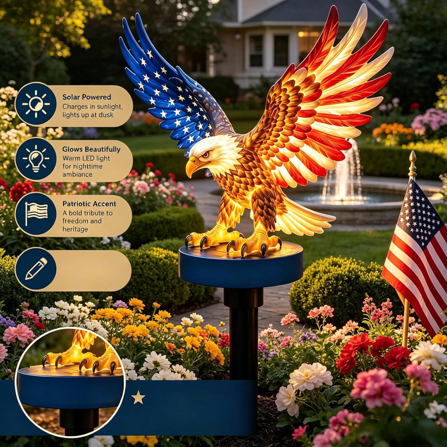 Solar Eagle Garden Light, America 250th Anniversary Solar Powered