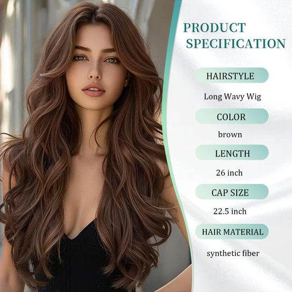 FGERFE-Natural Brown Long Wavy Wig 28 Inch Middle Part Wavy Synthetic Wigs for Women Natural Looking Heat Resistant Fiber Wig for Daily Party Use