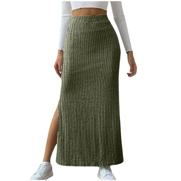 Falda lápiz midi elástica de punto acanalado de cintura alta para mujer: bajo con abertura, ajuste ceñido, ropa informal